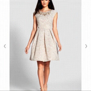 ELIZA J‎ Cream Rose Gold Tapestry A-Line Dress Gems Sz 10i